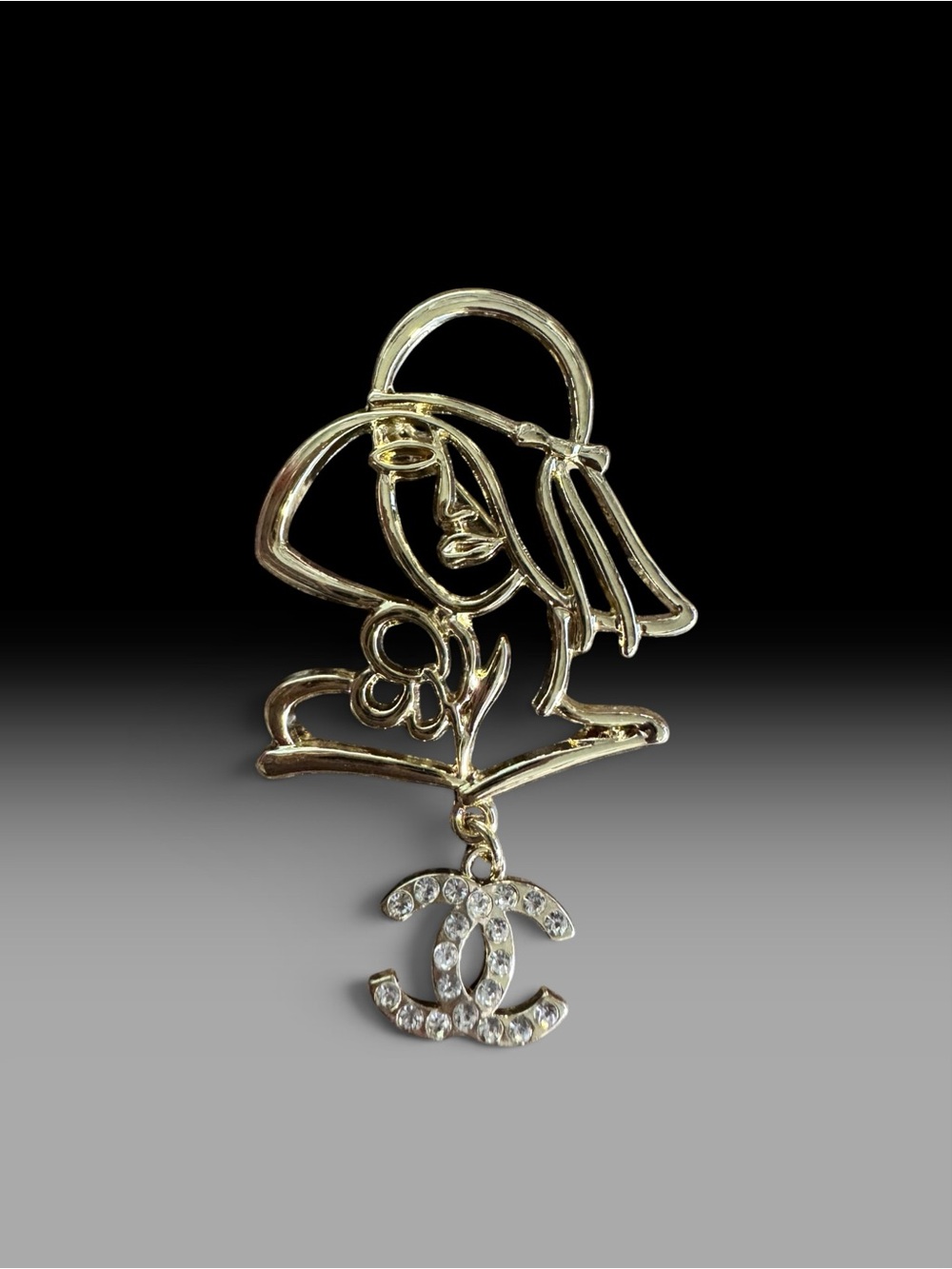 Gold Abstract women Face Brooch with Crystal Charm